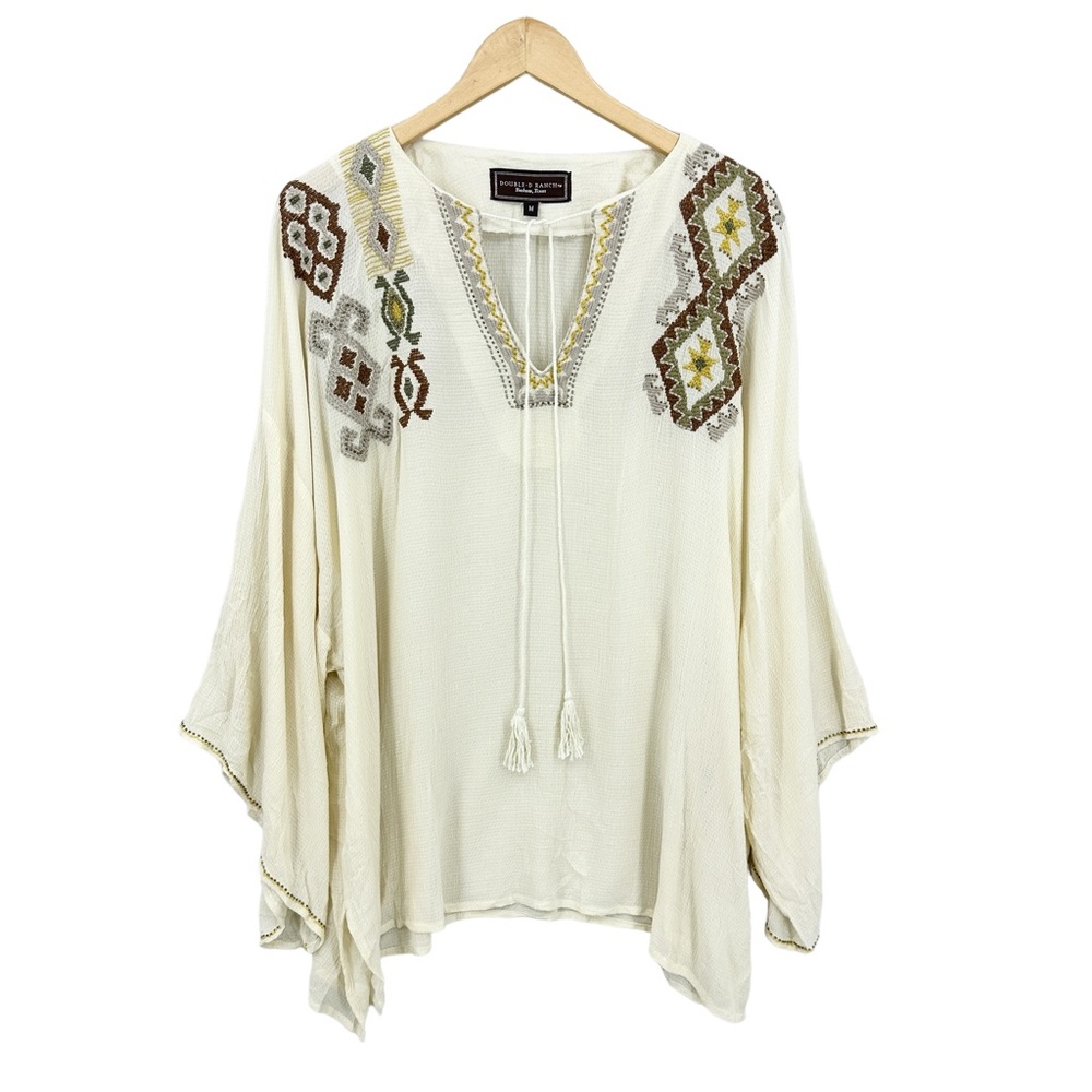 Double D Ranch Cream Boho Tunic with Brown & Olive Embroidery